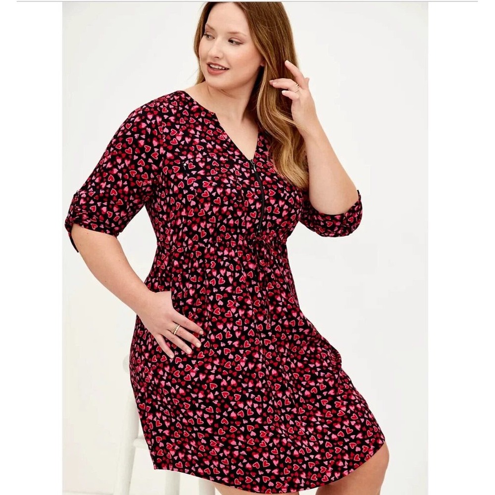 Torrid Womens Heart Print Stretch Challis Zip Front Shirt Dress Black Red Pink 0